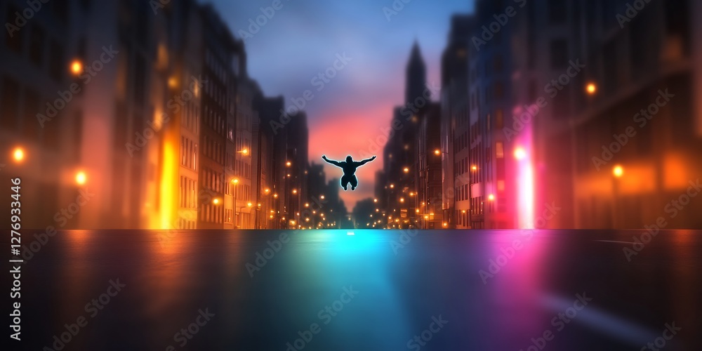 superhero flying neon city night glowing trails