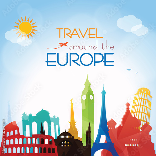 Travel around Europe, europe landmarks, travel and tourism post card