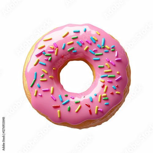 Pink glazed donut with colorful sprinkles, realistic 3D rendering of a sweet dessert, isolated on transparent background.