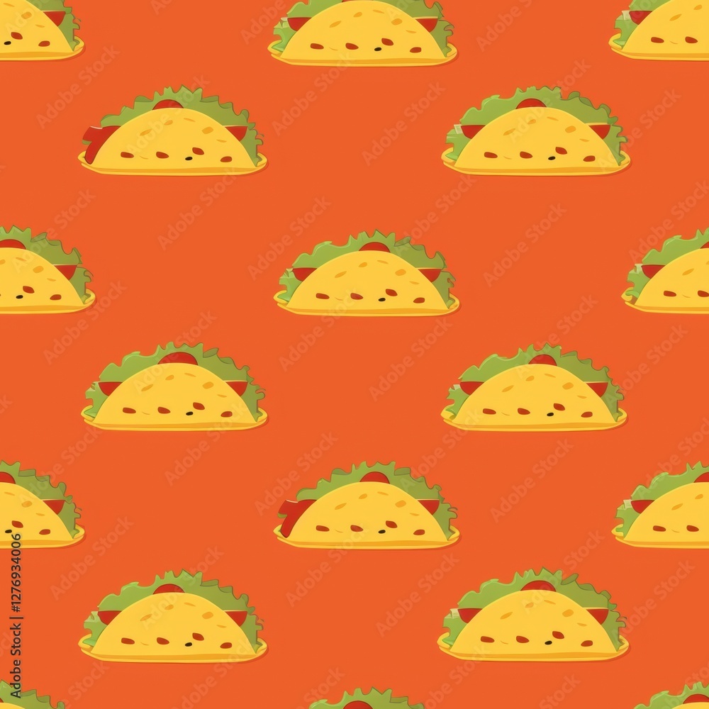 Seamless taco pattern with crispy shells, fresh lettuce, tomatoes, cheese, and beef filling on a bold orange background for food-themed designs. Seamless taco pattern with crispy shells, fresh lettuce, tomatoes, cheese, and beef filling on a bold orange background for food-themed designs.