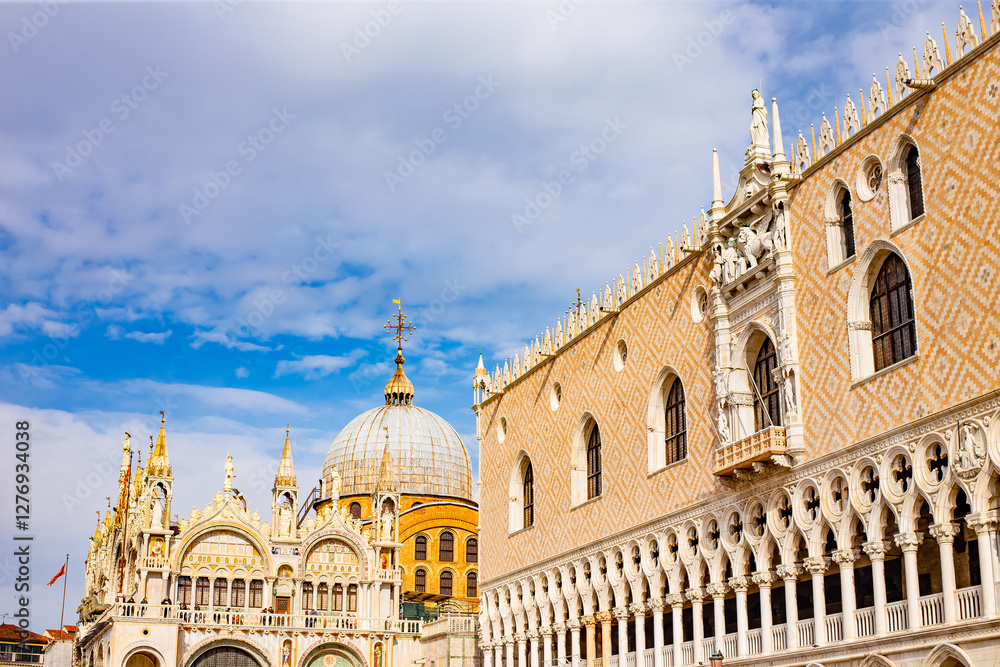 Naklejka premium Venetian Grandeur: A breathtaking cityscape of Venice, showcasing iconic architecture with intricate details and majestic beauty under a vibrant sky.