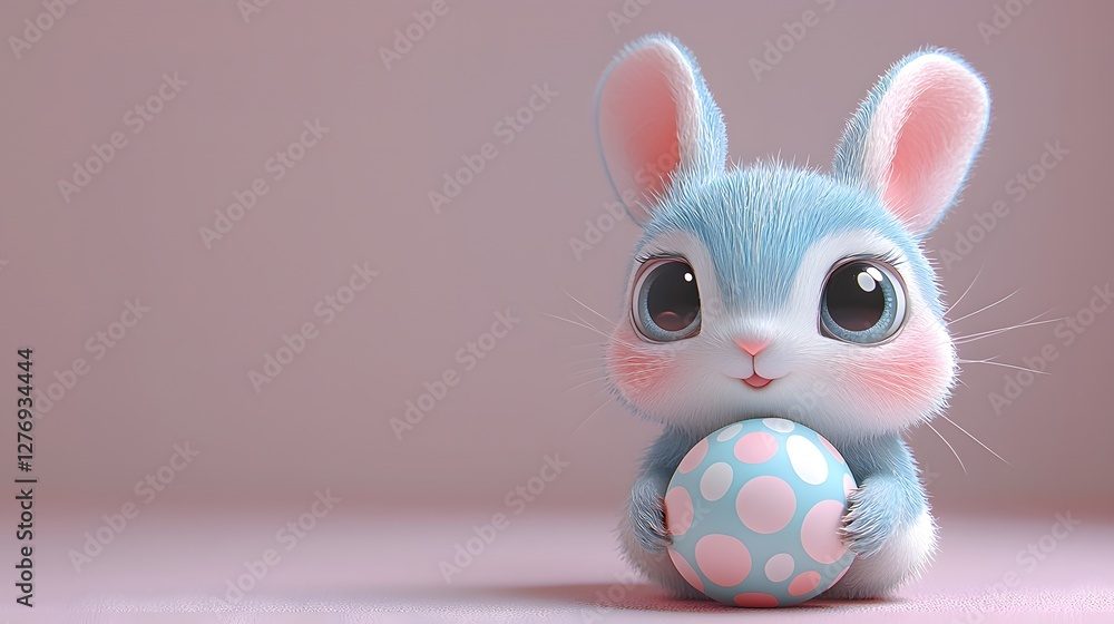 Fototapeta premium Adorable Bunny with Colorful Egg on Soft Background for Easter