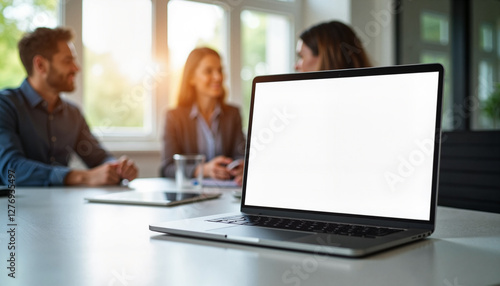 Wallpaper Mural Colleagues engaged in casual conversation at a modern conference table, digital collaboration concept.  Laptop Mockup on Desk Torontodigital.ca
