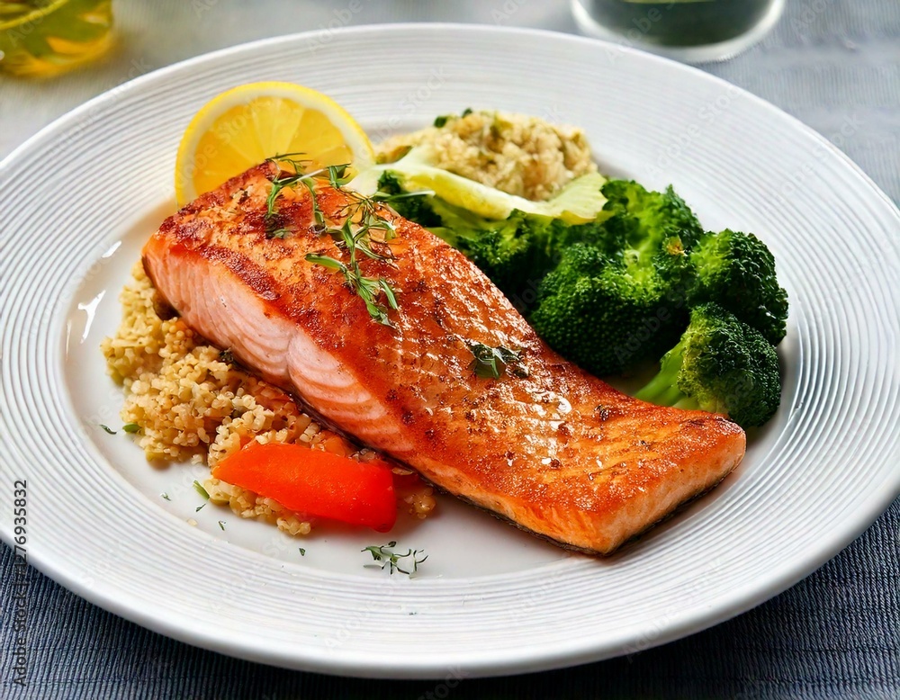 Grilled Salmon, a Beautifully Plated Crispy-Skinned Salmon with Tender Steamed Greens and Herb-Infused Sauce Grilled Salmon, a Beautifully Plated Crispy-Skinned Salmon with Tender Steamed Greens and Herb-Infused Sauce