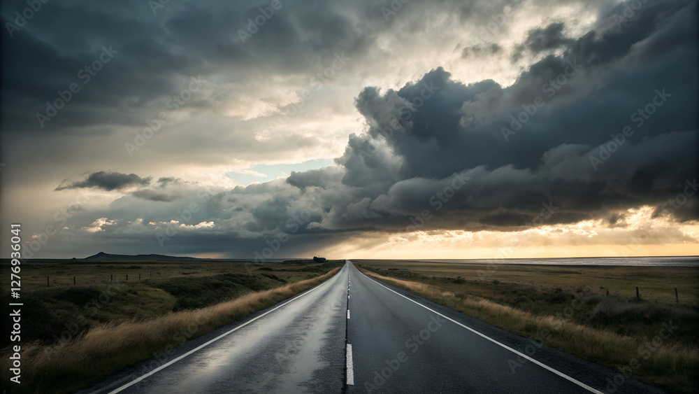 Naklejka premium Dark Stormy Sky Over Endless Road with Ominous Weather Conditions