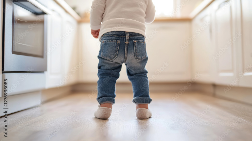 Toddler standing on tiptoes reaching for a hot oven in a kitchen, representing the dangers of an unsupervised child Toddler standing on tiptoes reaching for a hot oven in a kitchen, representing the dangers of an unsupervised child