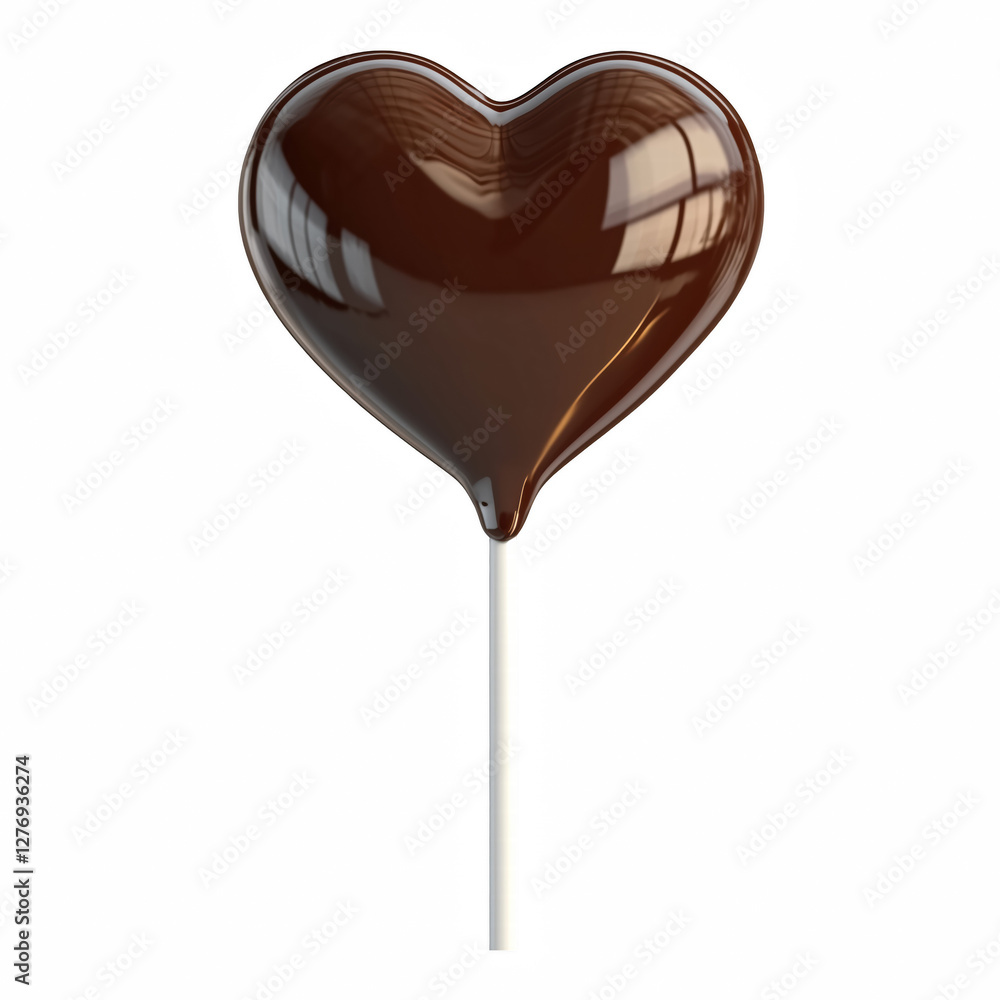 Obraz premium Realistic chocolate lollipop shaped like a heart, mounted on a white stick, with a glossy and smooth surface, isolated on transparent background.