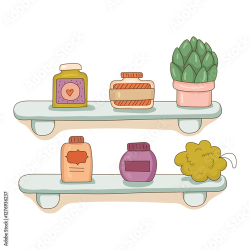 Bathroom shelves with jars, washcloth and houseplant. Shelf isolated on white background. Bathroom accessories. Jars with soap and shampoo. Vector illustration.