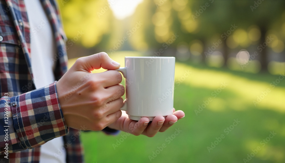 Man holding a ceramic mug in a checked shirt while standing outdoors in a lush green park, capturing a relaxed moment of enjoyment. Man holding a ceramic mug in a checked shirt while standing outdoors in a lush green park, capturing a relaxed moment of enjoyment.