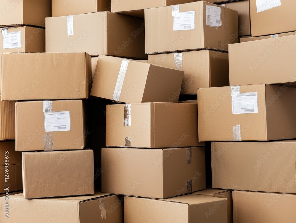 Fototapeta premium A neatly stacked pile of colorful boxes ready for shipping or storage in a warehouse setting