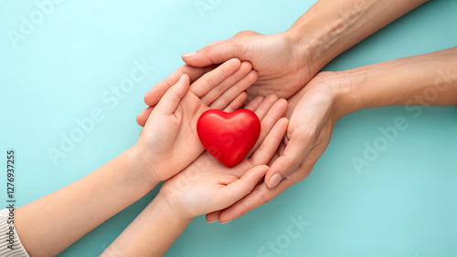 Hands of Family Holding a Red Heart Symbolizing Love, Care, and Protection

