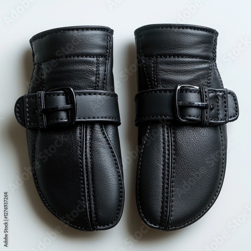 A pair of stylish black leather mittens featuring adjustable buckle straps on a white background. Protecting hands from the cold with a chic and sophisticated touch. photo