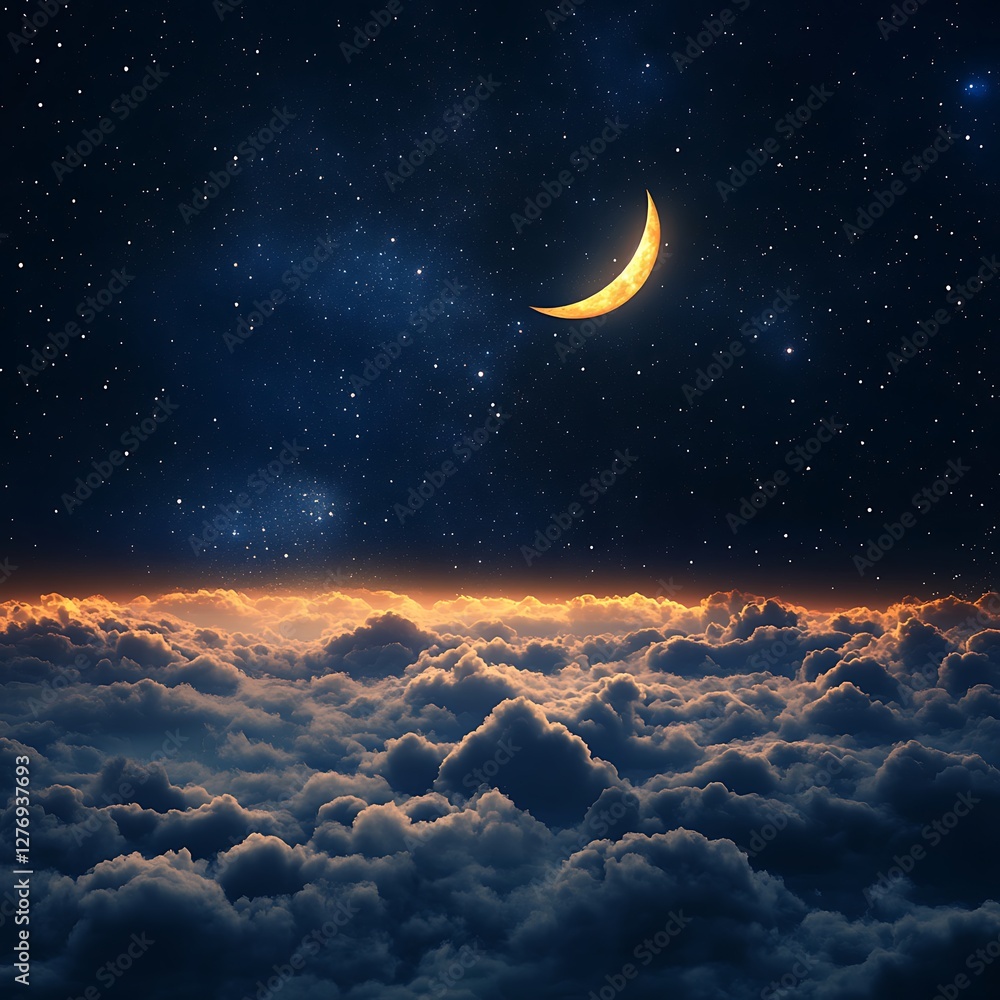 Misty clouds with crescent moon and twinkling stars Misty clouds with crescent moon and twinkling stars