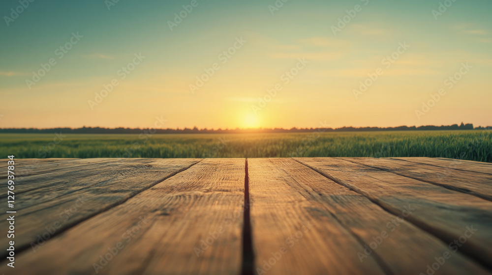 Fototapeta premium Featuring an empty wooden table set against a vast green field, basking in the warm glow of a golden sunset on the horizon