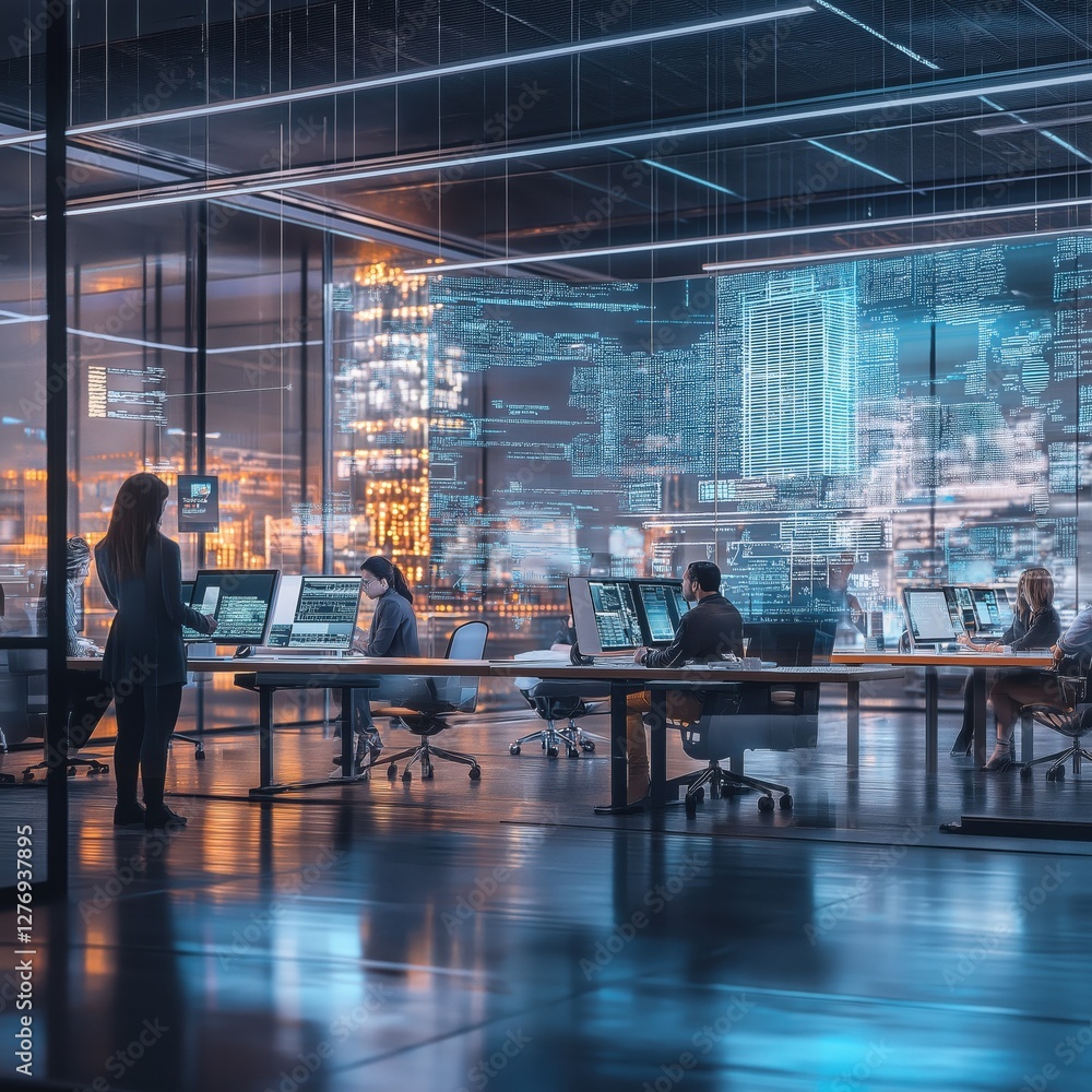 A modern office space with diverse professionals collaborating on futuristic technology A modern office space with diverse professionals collaborating on futuristic technology