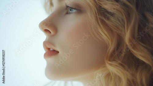 Profile side view of a beautiful woman, close-up view, white background