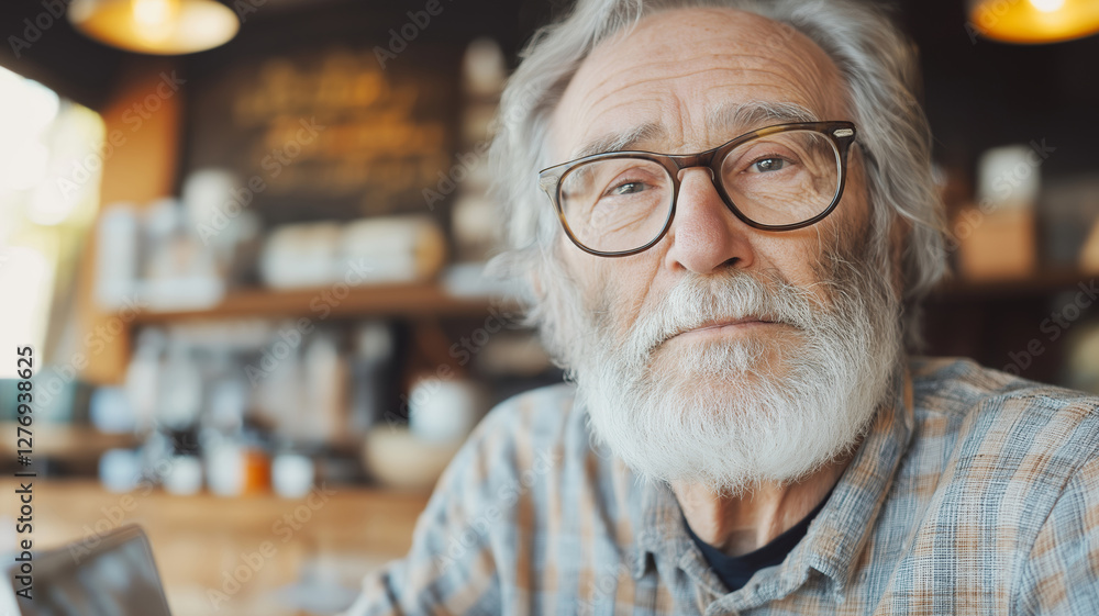 Fisheye portrait of a focused senior entrepreneur analyzing inventory with a digital tablet, managing his small coffee shop business Fisheye portrait of a focused senior entrepreneur analyzing inventory with a digital tablet, managing his small coffee shop business