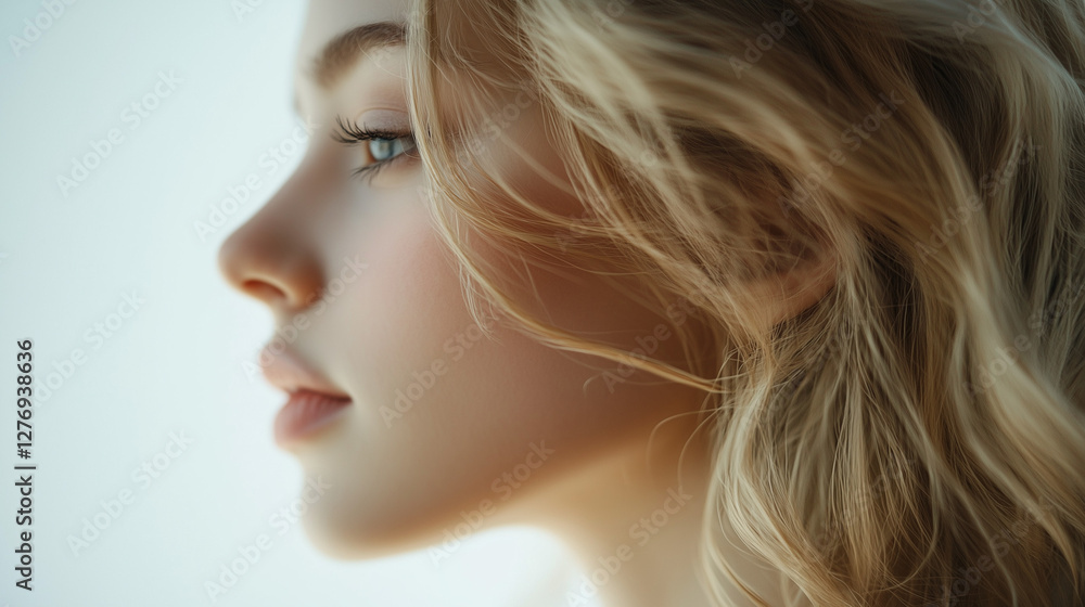 Fototapeta premium Profile side view of a beautiful woman, close-up view, white background