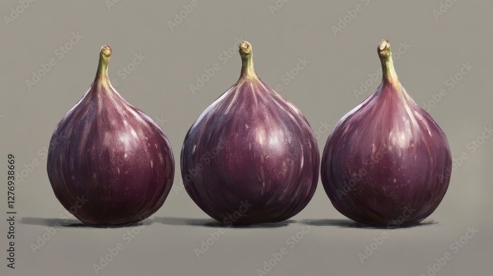 Fototapeta premium Three ripe figs on neutral background – realistic artistic illustration
