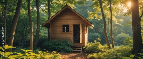 Wallpaper Mural Wooden tree house nestled in lush summer woods with sunlight filtering through trees providing a serene outdoor backdrop for text placement Torontodigital.ca