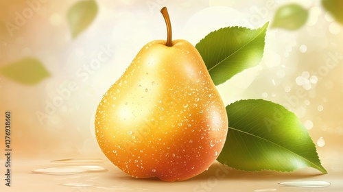 Fresh pear with dew drops on leafy background depicting natural wholesomeness and juicy ripeness