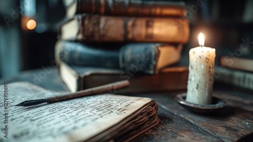Close-up of aged handwritten manuscript with an old quill, surrounded by candlelight and antique books in a dimly lit study