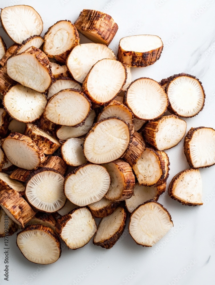A fresh pile of sliced mushrooms artfully arranged on a clean white surface for culinary presentation A fresh pile of sliced mushrooms artfully arranged on a clean white surface for culinary presentation