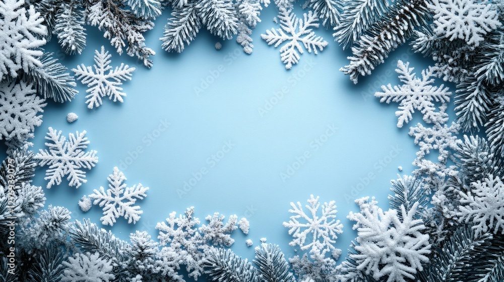 Snowflakes and Pine Branches Framing a Winter Wonderland Background with Blue Sky Snowflakes and Pine Branches Framing a Winter Wonderland Background with Blue Sky
