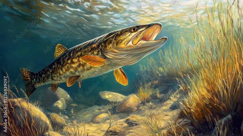 Underwater scene of lively pike fish swimming amongst rocks and aquatic plants Underwater scene of lively pike fish swimming amongst rocks and aquatic plants