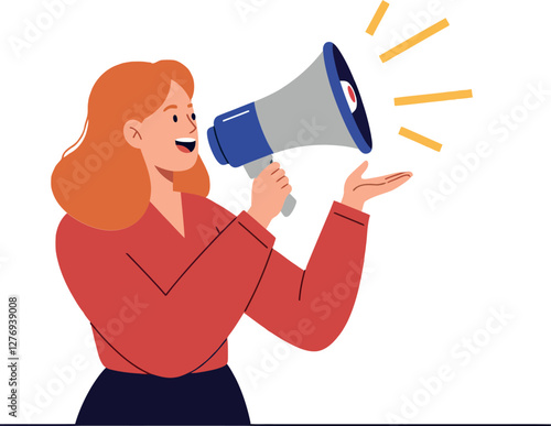 A woman enthusiastically speaking into a megaphone with vibrant colors in a flat design style showcasing communication and engagement vector illustration