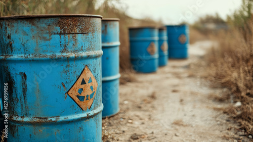 Rusty blue barrels containing hazardous chemical waste are polluting the environment, representing a significant environmental threat