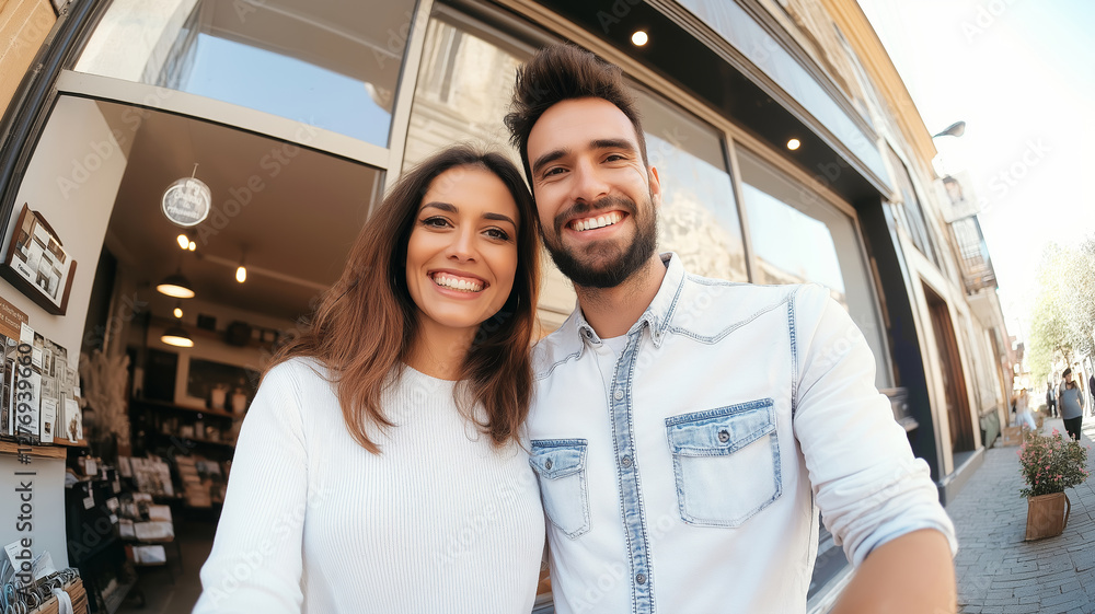 Youthful business owners greeting patrons outside storefront, displaying entrepreneurial spirit and positive energy while standing together Youthful business owners greeting patrons outside storefront, displaying entrepreneurial spirit and positive energy while standing together
