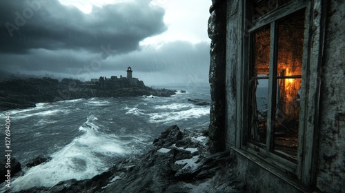 Dramatic lighthouse standing against stormy skies and crashing ocean waves, creating a moody and powerful seascape
