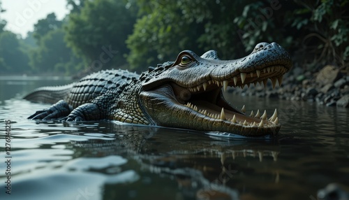 A hyper-realistic image of a crocodile lurking just beneath the water, with only its head breaking the surface