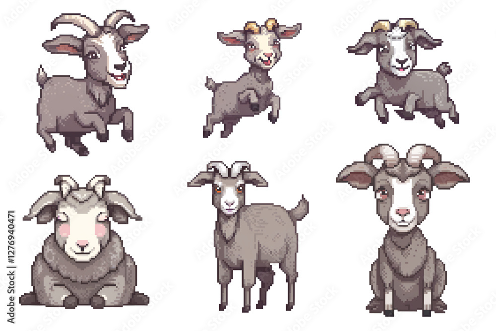 Obraz premium collection of pixel art grey goats in various styles and poses, 8-bit style