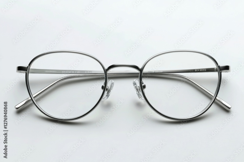 Close-up shot of modern silver eyeglasses with round lenses on a white surface, providing a clear and detailed view of the stylish eyewear design for vision correction. Close-up shot of modern silver eyeglasses with round lenses on a white surface, providing a clear and detailed view of the stylish eyewear design for vision correction.