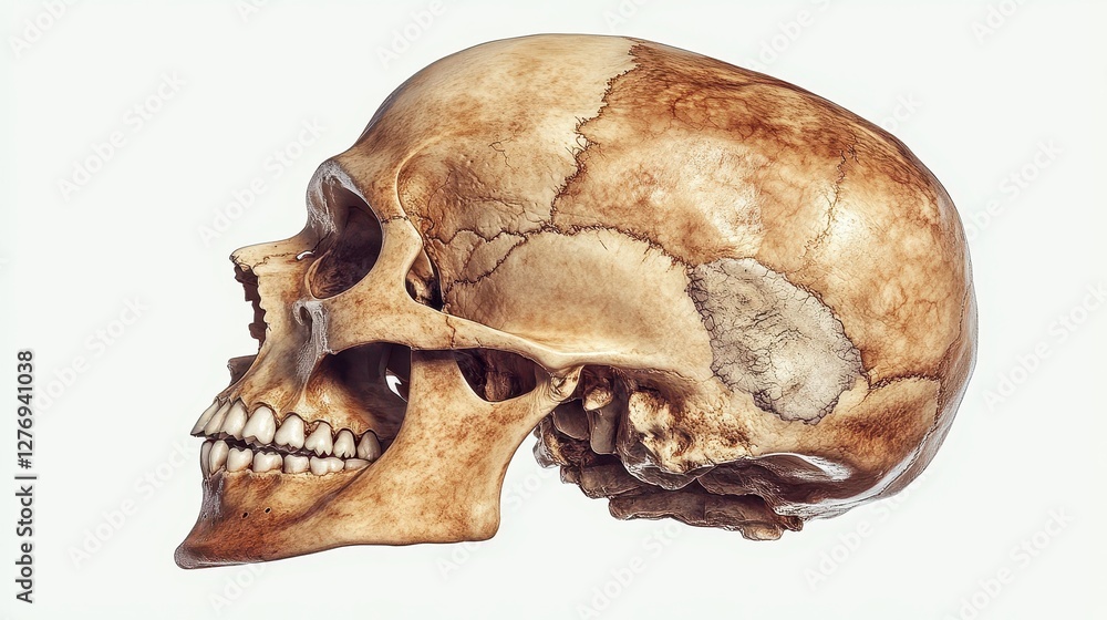 Human skull side view on white background displaying detailed bone structure Human skull side view on white background displaying detailed bone structure