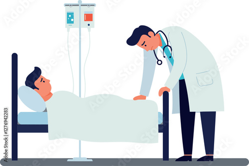 Doctor in a white coat checking on a patient in a hospital bed with IV drip, flat vector art