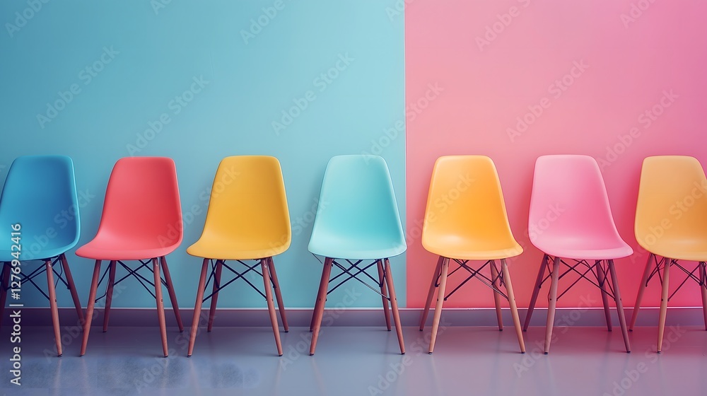 Fair hiring process with diverse candidate seating arrangement in a modern office space featuring colorful chairs Fair hiring process with diverse candidate seating arrangement in a modern office space featuring colorful chairs