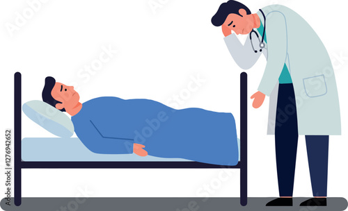 Doctor in a white coat checks on a patient lying in bed, minimal vector illustration depicting concern and care in a medical setting