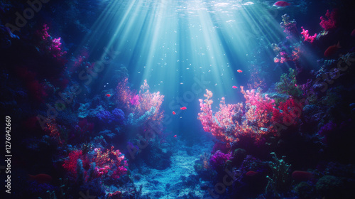 Wallpaper Mural Colorful coral reef in deep waters of ocean with vibrant marine life illuminated by sunlight underwater. Beauty of ocean biodiversity and marine ecosystems Torontodigital.ca