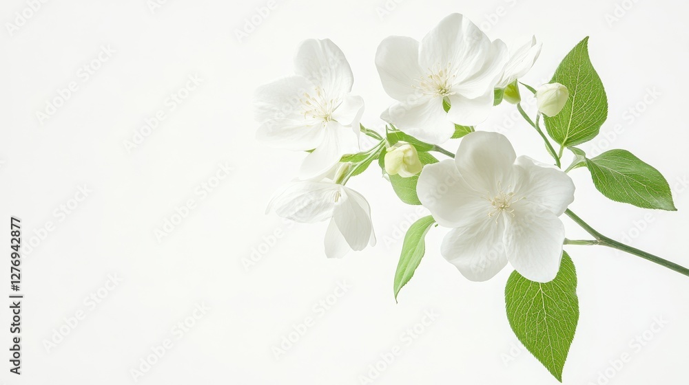 Fototapeta premium Delicate white blossoms with green leaves on a soft background