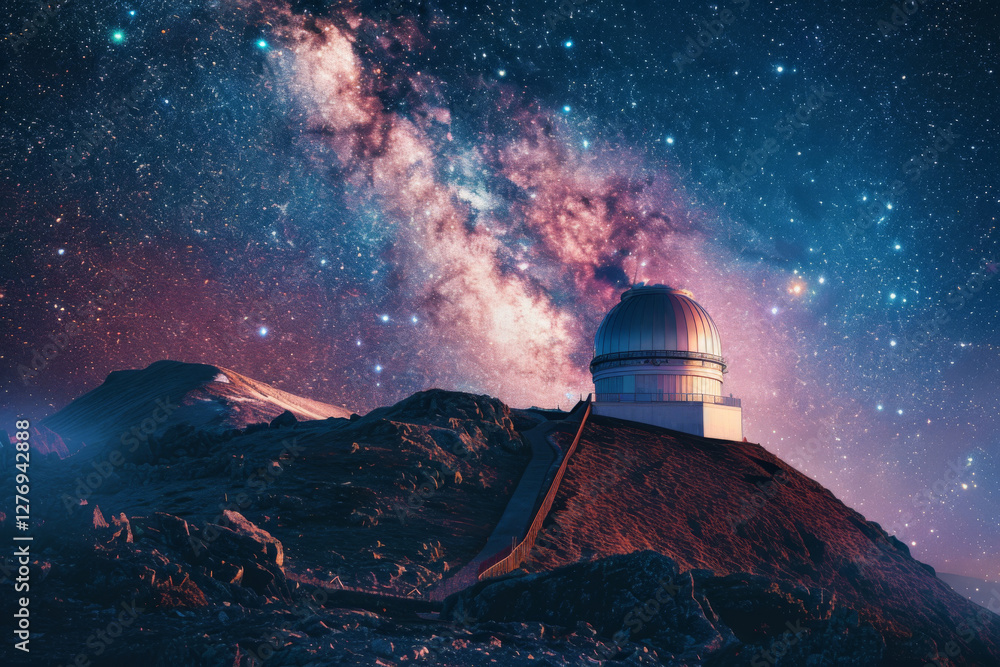 Astronomical observatory stands on mountain under clear starry sky with vibrant galaxy. Concept of space exploration Astronomical observatory stands on mountain under clear starry sky with vibrant galaxy. Concept of space exploration