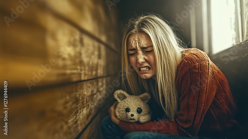 This powerful image captures a young woman holding a teddy bear, her face contorted in sorrow, invoking deep feelings of vulnerability and loneliness in a warm, intimate setting. photo