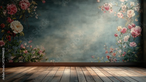 Vintage floral wallpaper with rustic wooden floor in a cozy room