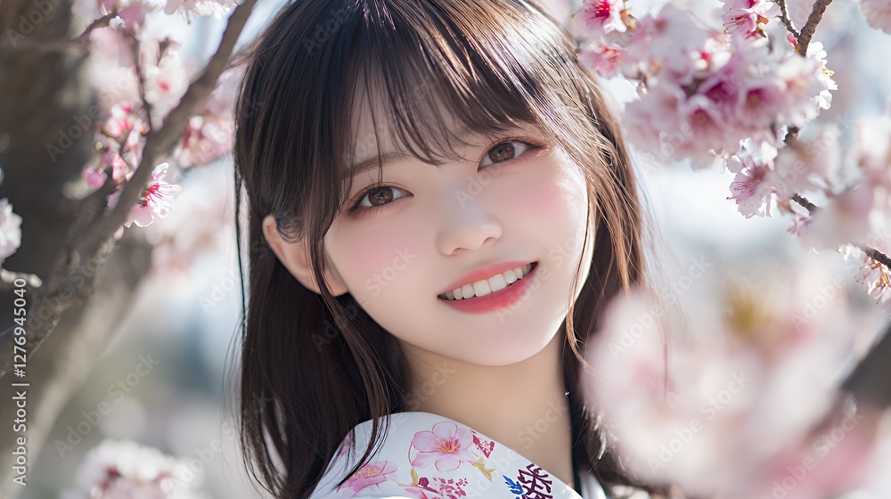 桜の木の下で微笑む美しい女性 Beautiful Woman Smiling Under Cherry Blossom Tree 桜の木の下で微笑む美しい女性 Beautiful Woman Smiling Under Cherry Blossom Tree