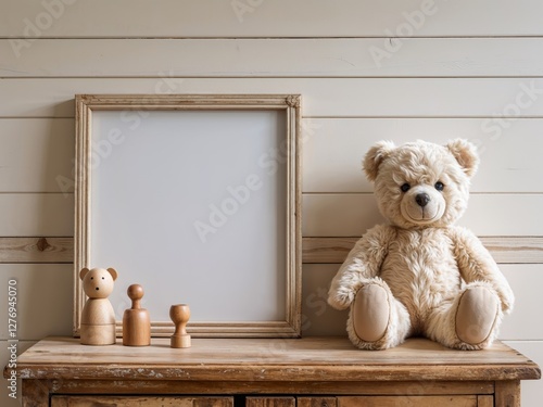 A wooden cabinet with a teddy bear and wooden toys in front of a blank picture frame on a white wood panel wall.
