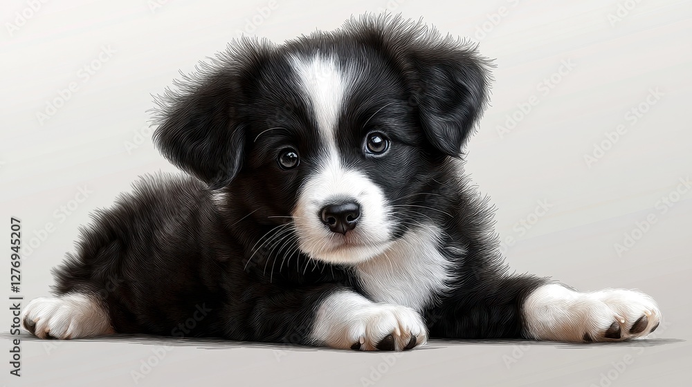 Adorable black and white puppy resting on floor with curious expression Adorable black and white puppy resting on floor with curious expression