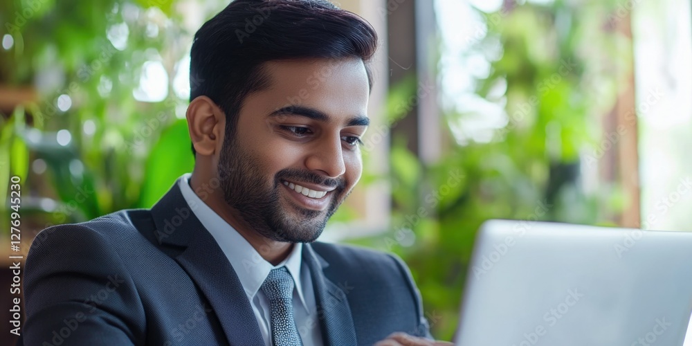 Man in suit using laptop in office environment Man in suit using laptop in office environment