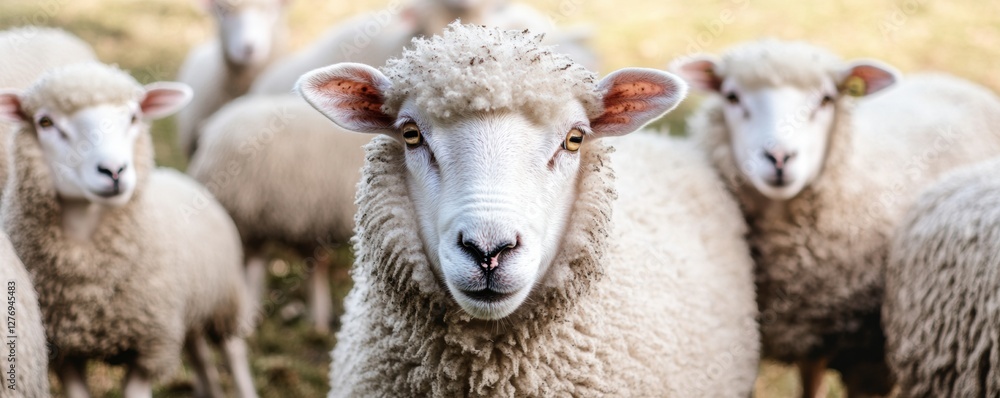 Obraz premium Flock of sheep grazes peacefully in a rustic farm setting alive with nature. Detailed closeup of brown and white sheep herd. Concept of sheep farming and herding. Open-air sheepfold. Farmhouse
